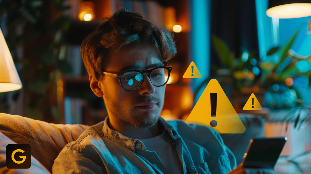 a user in front of their phone that is looking concerned, with caution symbols behind the user.